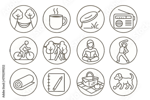 Weekend Leisure Icons. Line style round icons of weekend leisure: hammock, coffee mug, frisbee, radio; bike ride, nature walk,