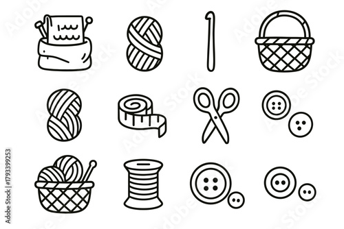 Crochet kit vector knitting set buttons scissors icon spool hobby cozy skein