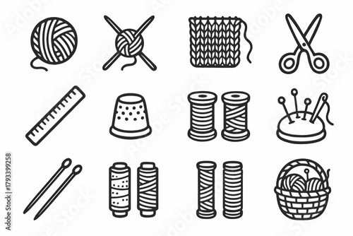 Ruler fabric spools collection needles knitting thimble hobby icon vector basket