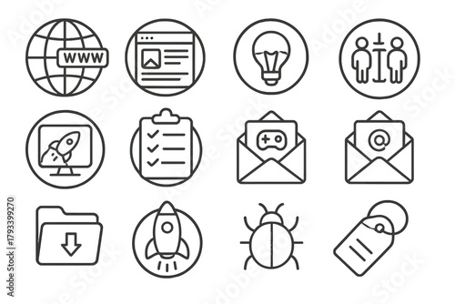 Startup Launch Essentials. Line style round icons of startup launch essentials: domain name, landing page, logo icon, elevator