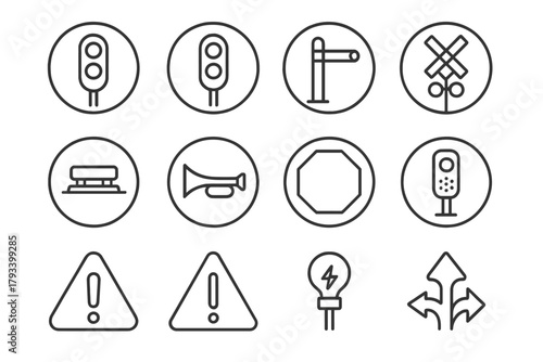 Train Signal Icons. Line style round icons of train signals: red light, green light, semaphore arm, crossing bell; track sensor,