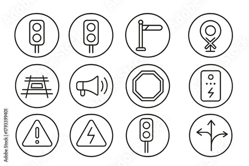 Train Signal Icons. Line style round icons of train signals: red light, green light, semaphore arm, crossing bell; track sensor,