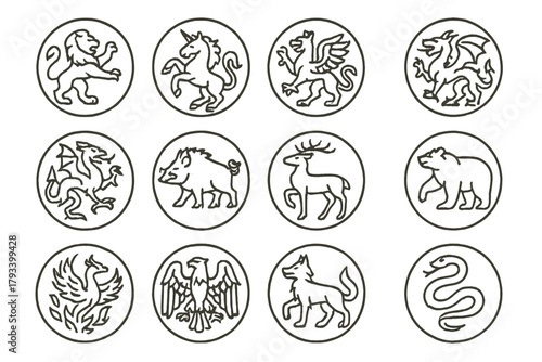 Heraldic Beasts Icons. Line style round icons of heraldic beasts: lion, unicorn, griffin, dragon; wyvern, boar, stag, bear;