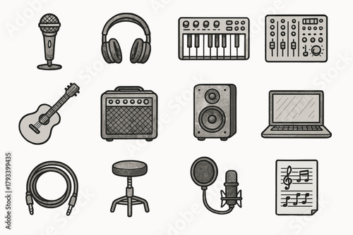 Keyboard pop amplifier vector guitar studio music icons headphones icon monitor laptop