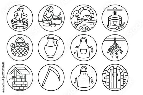 Rural Tradition Icons. Line style round icons of rural traditions: grape stomping, cheese making, bread baking, olive pressing;