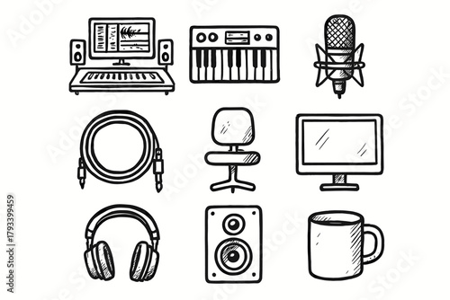 Modern mug headphones music synth studio mic icons chair icon cable vector