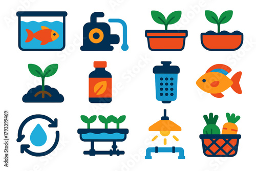 Aquaponics System Icons. Flat vector icons of Aquaponics Systems: Fish Tank, Water Pump, Grow Bed, Plant Seedling, Nutrient