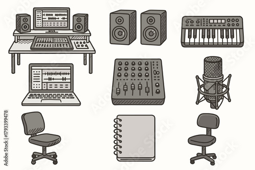 Notebook icon mic mixer monitor chair music studio icons desk laptop sound