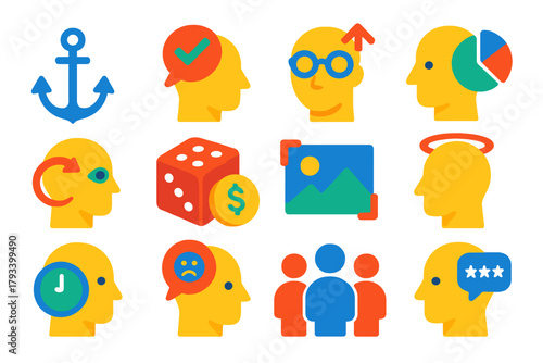 Cognitive Bias Icons. Flat vector icons of Cognitive Biases: Anchoring, Confirmation, Overconfidence, Availability, Hindsight,