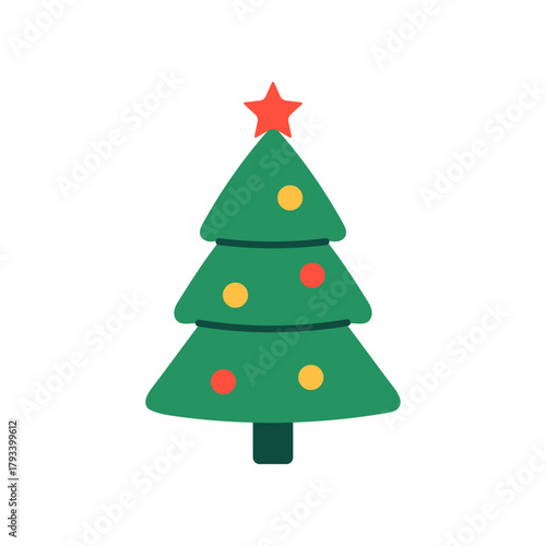 Wallpaper Mural Vector illustration of green Christmas tree with red and yellow ornaments and red star on top. Festive holiday object in flat style. Christmas tree clipart. New year funny icon. Torontodigital.ca