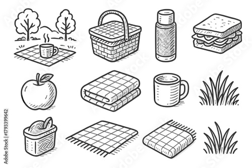 Icon set mug thermos basket picnic nature vector grass apple lunch setup