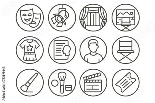 Theater Elements Icons. Line style round icons of theatrical elements: mask, stage light, curtain, costume; script, actor,