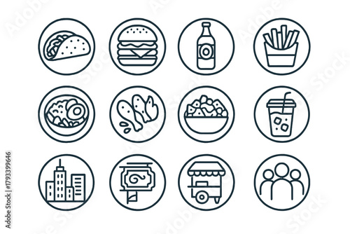 Urban Flavors Icons. Line style round icons of urban flavors: fusion taco, artisan burger, craft soda, gourmet fries; vegan bowl,