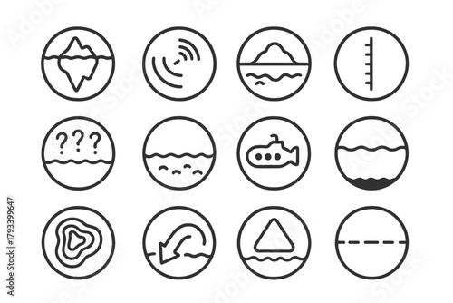 Underwater Exploration Symbols. Line style round icons of underwater mass: deep iceberg, sonar wave, shadow bulk, pressure line;