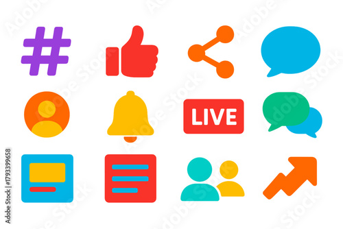 Bright Social Media Icons. Flat vector icons of Social Media Platforms: Hashtag, Like Button, Share Icon, Comment Bubble, Profile