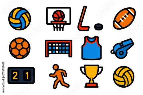 Team Sports Icons. Flat vector icons of team sports: volleyball, basketball hoop, hockey stick, rugby ball, handball, goal net,