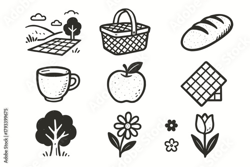 Flowers napkin icons picnic bread lunch basket vector icon tree countryside wicker