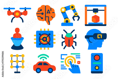 Emerging Tech Icons. Flat vector icons of emerging technologies: drone, AI brain, robotic arm, 3D printer, hologram, quantum chip,