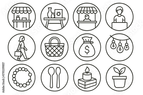 Weekend Bazaar Icons. Line style round icons of weekend bazaar: food stand, crafts table, vendor booth, shopper; basket, money