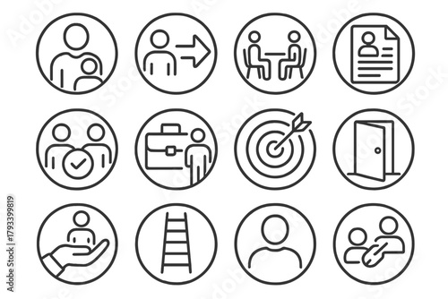 Career Connections Icons. Line style round icons of career connections: mentor figure, introduction arrow, interview seat,