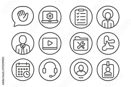 Remote Onboarding Icons. Line style round icons of remote onboarding: welcome message, access setup, first day checklist, HR intro
