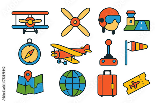 Aviation History Icons. Flat vector icons of aviation history: biplane, propeller, pilot helmet, airfield, compass, vintage
