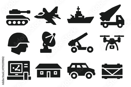 Military Icon Set. Solid style icons of military influence: tank, fighter jet, naval ship, missile launcher, radar station,
