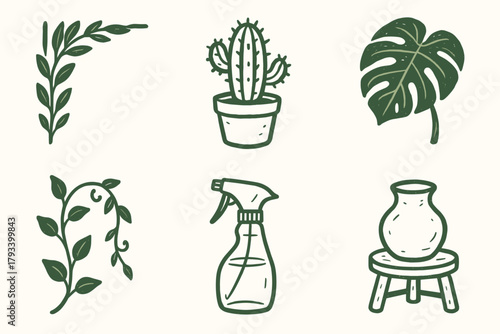 Potted leaf plant green vase artistic ceramic vector stool bottle collection icon