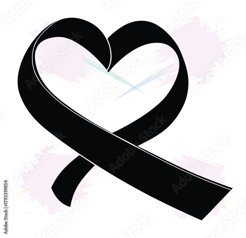 Mourning ribbon black heart shape on pastel background representing loss and sadness
