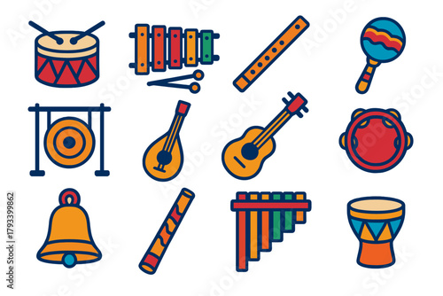 Cultural Instrument Icons. Flat vector icons of Cultural Music Instruments: Drum, Xylophone, Flute, Rattle, Gong, String