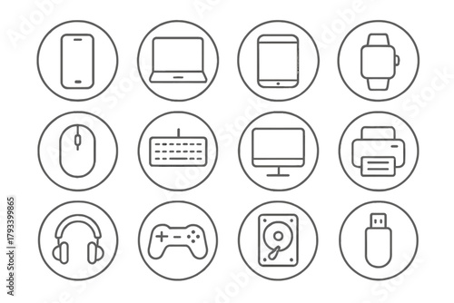 Line Style Devices. Line style round icons of digital devices: smartphone, laptop, tablet, smartwatch; mouse, keyboard, monitor,