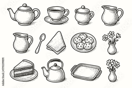 Table saucer tea sugar teaspoon vector icon plate slice jug kettle icons