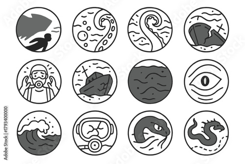 Underwater Fear Icons. Line style round icons of underwater fear: giant shadow, curled tentacle, broken hull, diver panic; bubble