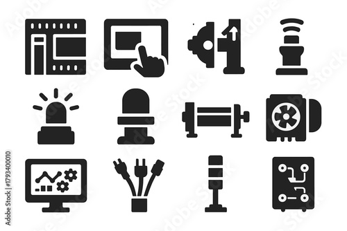 Automation System Icons. Solid style icons of automation systems: PLC controller, touchscreen interface, actuator, proximity
