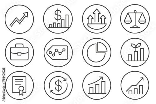 Investing Icons Overview. Line style round icons of investing basics: stock arrow, dollar graph, mutual fund, risk scale;