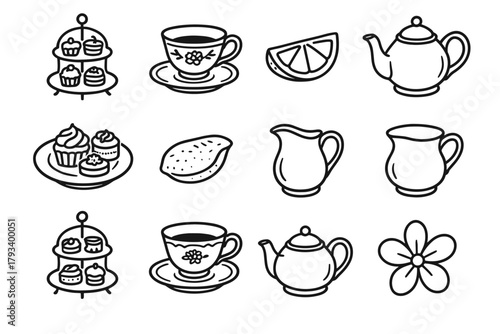Plate layout afternoon tea icon vector flower set teacup fine milk
