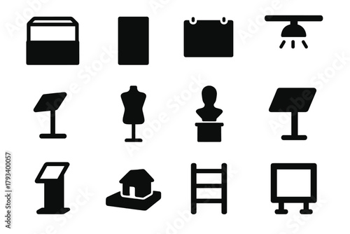 Exhibition Display Icons. Solid style icons of exhibition displays: display case, pedestal, wall panel, placard, label, mannequin,