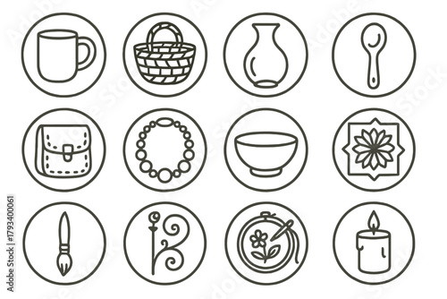 Artisan Craft Icons. Line style round icons of handmade objects: ceramic mug, woven basket, glass vase, carved spoon; stitched bag