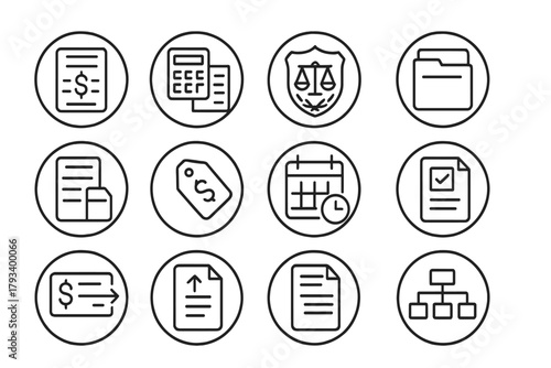 Tax Compliance Icons. Line style round icons of taxes and compliance: tax form, calculator sheet, IRS badge, document folder;
