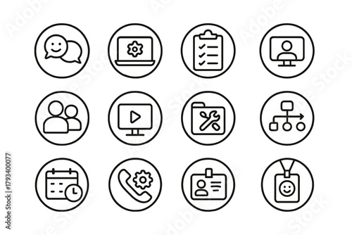 Remote Onboarding Icons. Line style round icons of remote onboarding: welcome message, access setup, first day checklist, HR intro