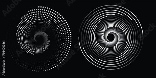 Modern abstract background. Halftone dots in circle form. Spiral logo, icon or design element. Black dots on a white background and white dots on the black side.