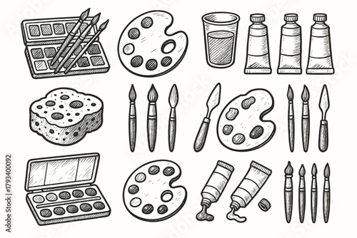 Classic painting tubes art brushes knife palette vector supplies sponge icon icons