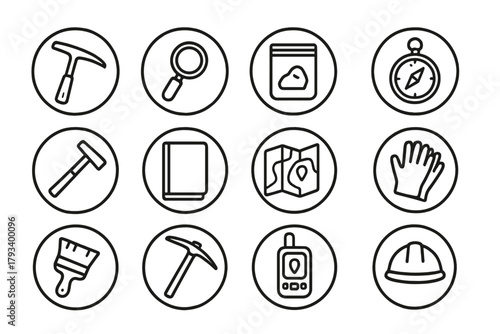 Geology Tools Icons. Line style round icons of geology tools: rock hammer, hand lens, sample bag, compass; chisel, notebook, field