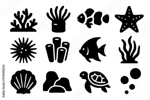 Coral Ecosystem Icons. Solid style icons of coral ecosystems: coral reef, sea anemone, clownfish, starfish, sea urchin, sponge,