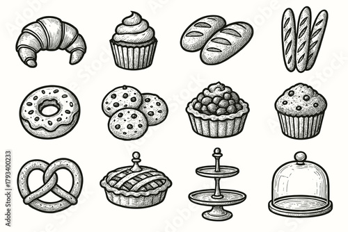 Set pretzels cover loaves stand pies vector dome bakery muffins bread icon