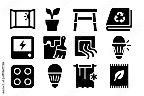 Eco-Friendly Interior Icons. Solid style icons of eco-friendly interiors: natural lighting, indoor plant, bamboo furniture,