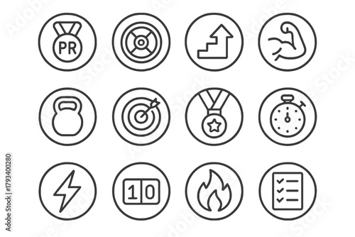 Strength Goals Icons. Line style round icons of strength goals: PR icon, weight plate, level up, flexed bicep; kettlebell, target