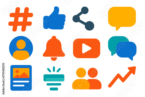Bright Social Media Icons. Flat vector icons of Social Media Platforms: Hashtag, Like Button, Share Icon, Comment Bubble, Profile