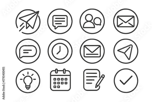 Cold Outreach Icons. Line style round icons of cold outreach: paper plane, intro message, contact icon, first email; reply bubble,