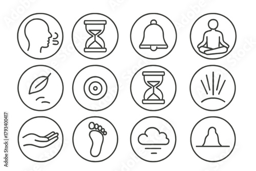 Mindfulness Line Icons. Line style round icons of mindfulness moments: breath, sand timer, bell, sitting pose; leaf fall, ripple,